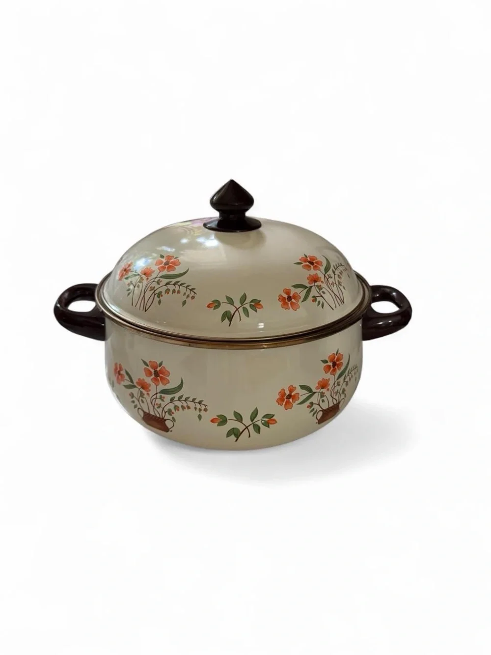 Vintage Cream Floral Enamel large pot with lid